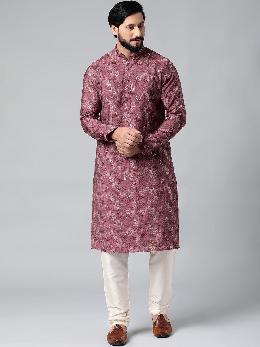 

TheEthnic.Co Floral Printed Mandarin Collar Art Silk Regular Kurta & Churidar, Purple