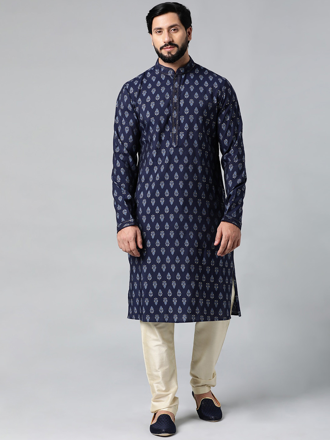 

TheEthnic.Co Ethnic Motifs Block Printed Regular Kurta With Churidar, Navy blue