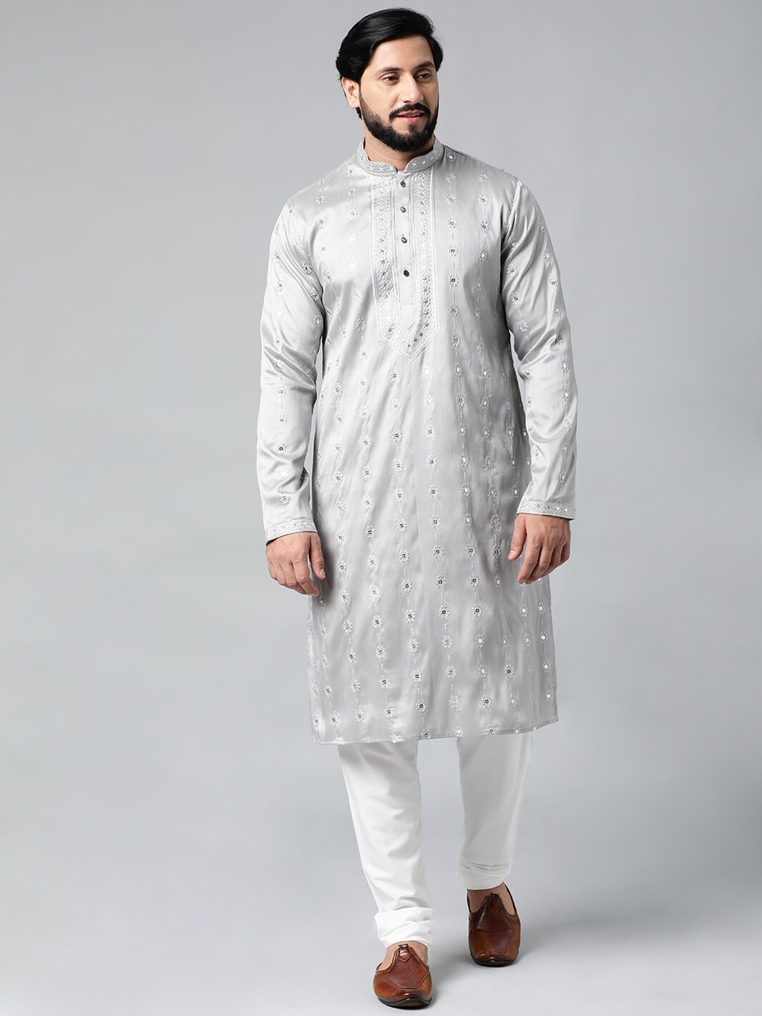 

TheEthnic.Co Ethnic Motifs Embroidered Art Silk Regular Mirror Work Kurta with Churidar, Grey