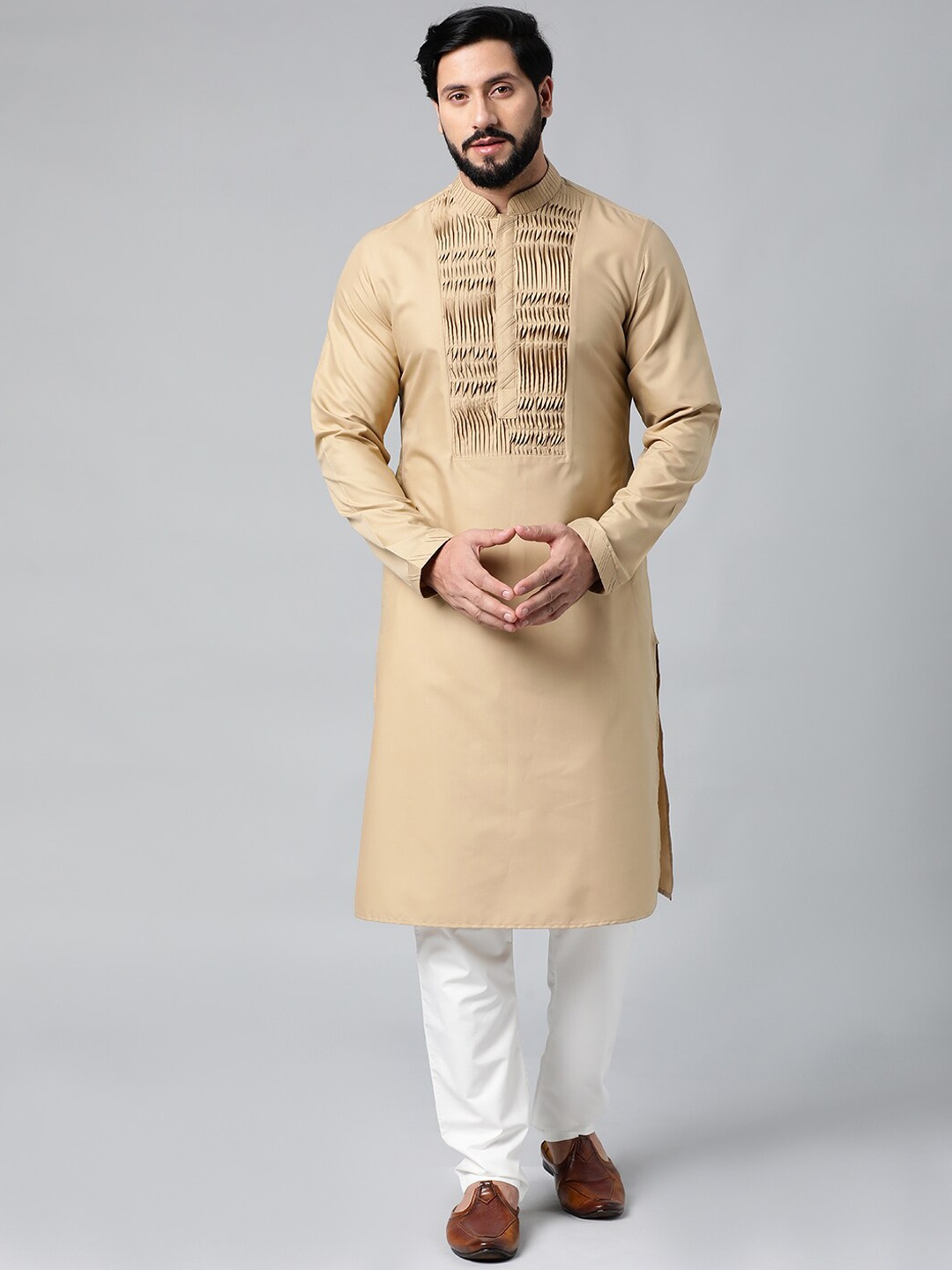 

TheEthnic.Co Regular Mandarin Collar Pure Cotton Kurta With Churidar, Beige