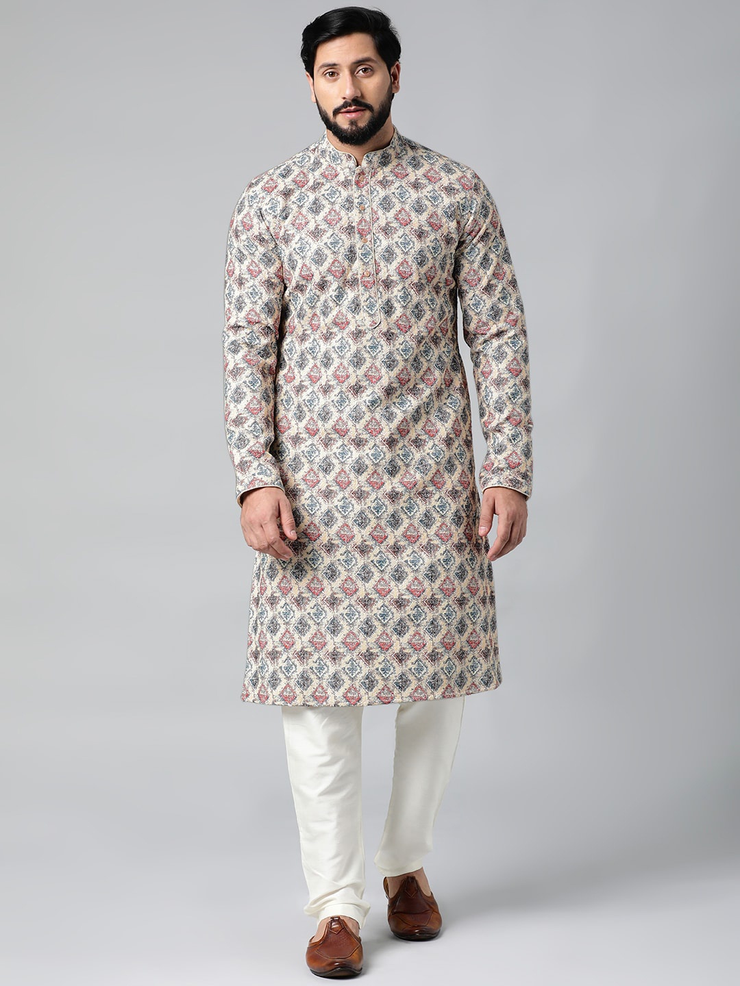 

TheEthnic.Co Ethnic Motifs Printed Mandarin Collar Regular Pure Cotton Kurta With Churidar, Cream