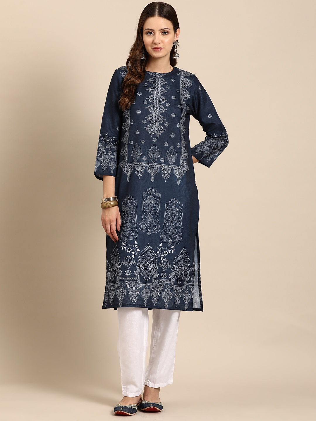 

Anouk Women Ethnic Motifs Printed Straight Kurta, Navy blue