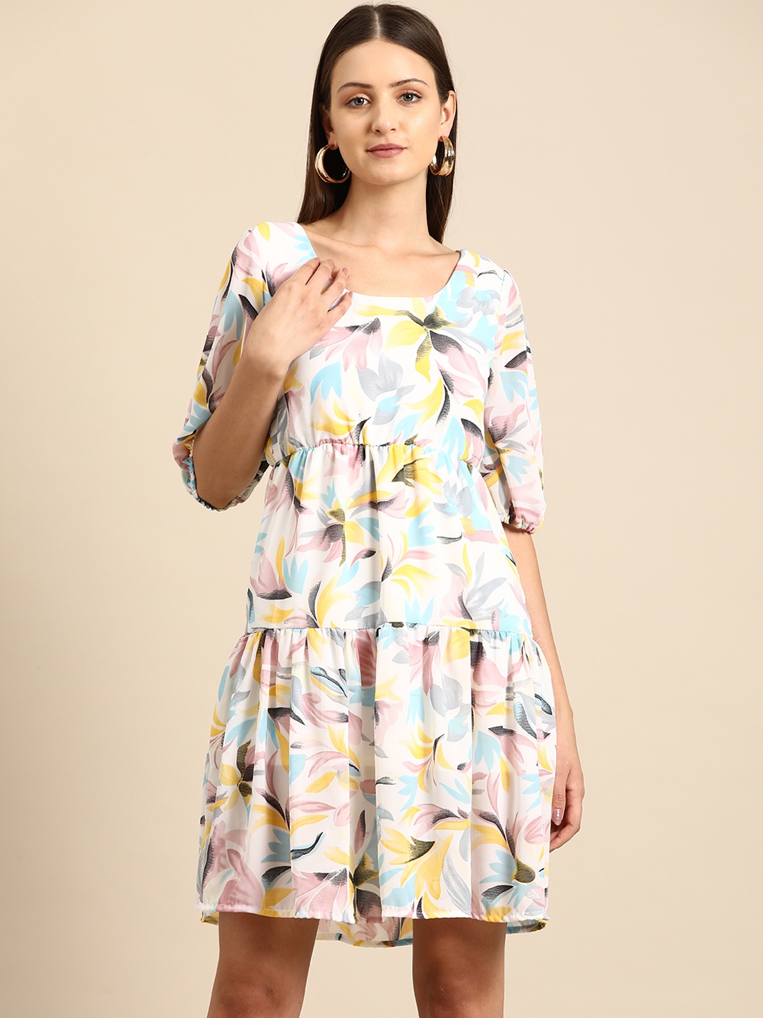 

DODO & MOA Floral Print Puff Sleeve Crepe Fit & Flare Dress, Multi