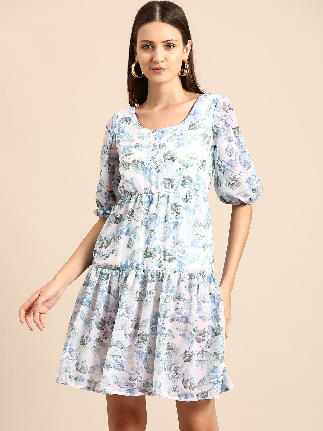

DODO & MOA Floral Printed Puff Sleeve Crepe Fit & Flare Dress, Blue