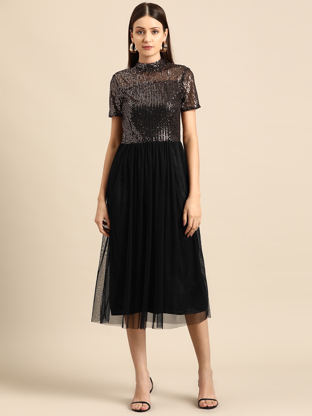 

DODO & MOA Embellished Net Fit & Flare Midi Dress, Black