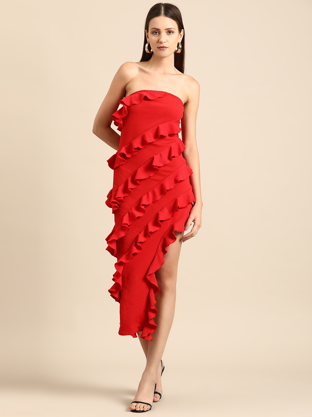 

DODO & MOA Ruffled Scuba A-Line Midi Dress, Red