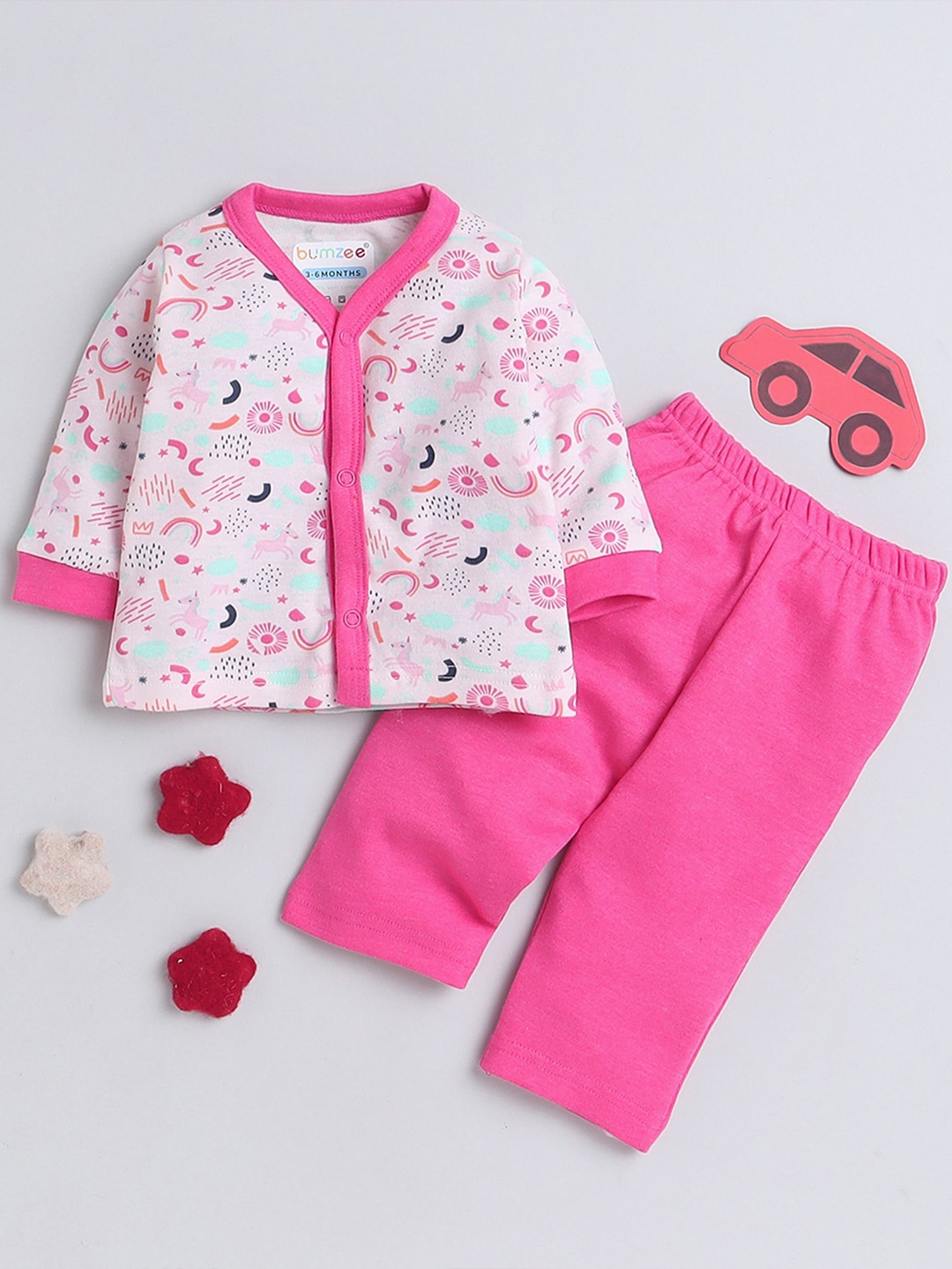 

BUMZEE Infants Girls Printed Pure Cotton Shirt With Trousers, Pink