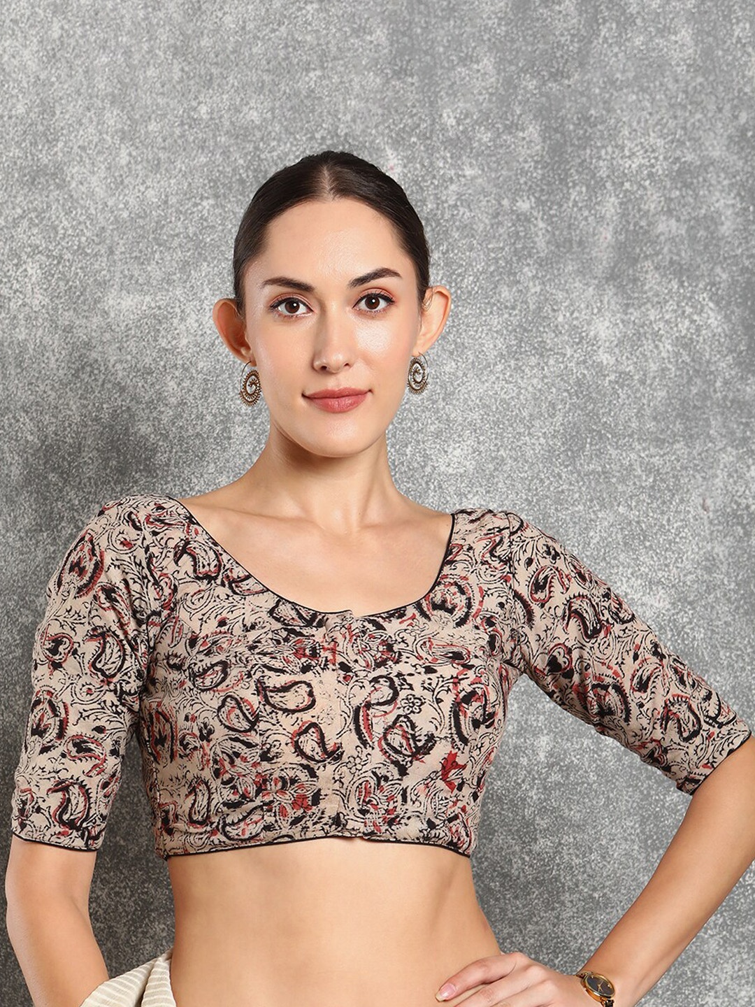 

SALWAR STUDIO Kalamkari Printed Cotton Saree Blouse, Beige