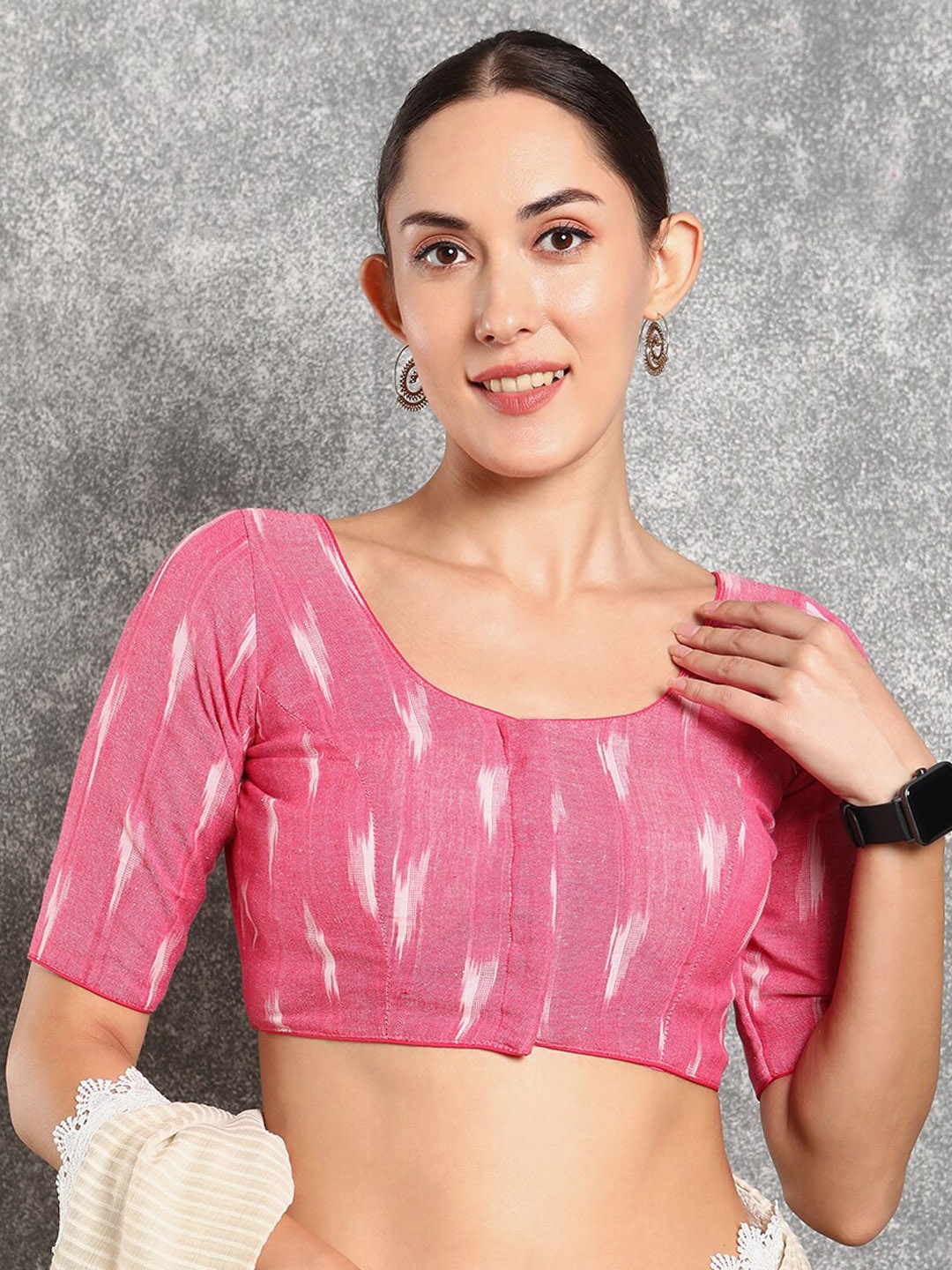 

SALWAR STUDIO Printed Padded Cotton Saree Blouse, Pink
