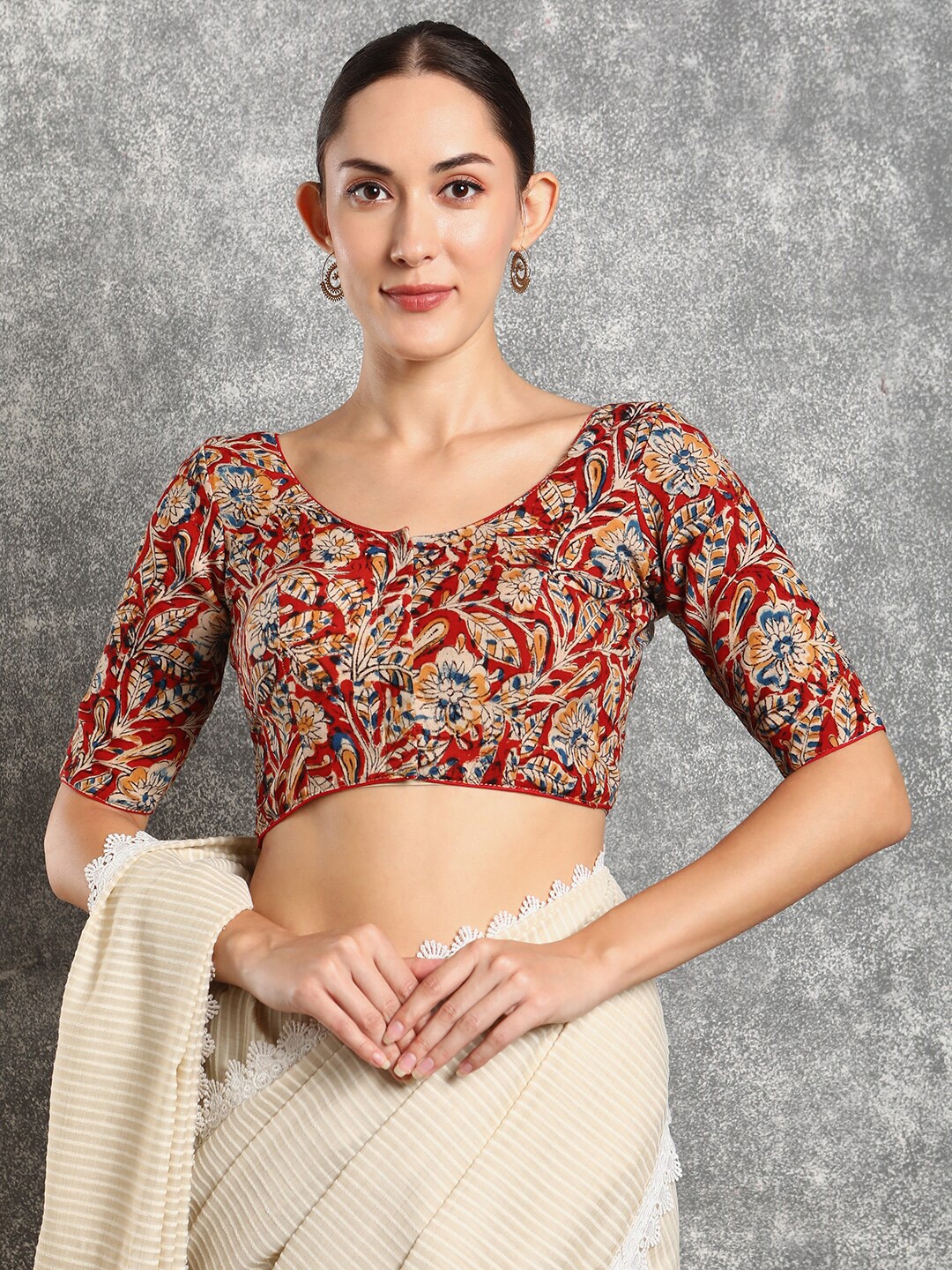 

SALWAR STUDIO Kalamkari Printed Cotton Saree Blouse, Red