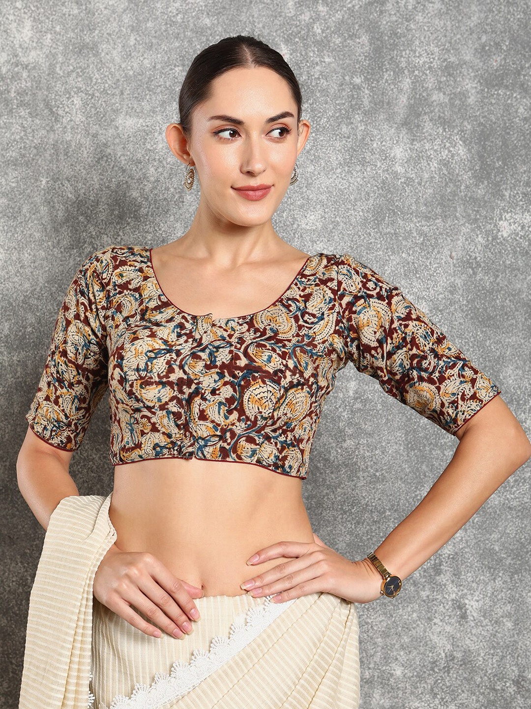

SALWAR STUDIO Kalamkari Printed Cotton Saree Blouse, Maroon