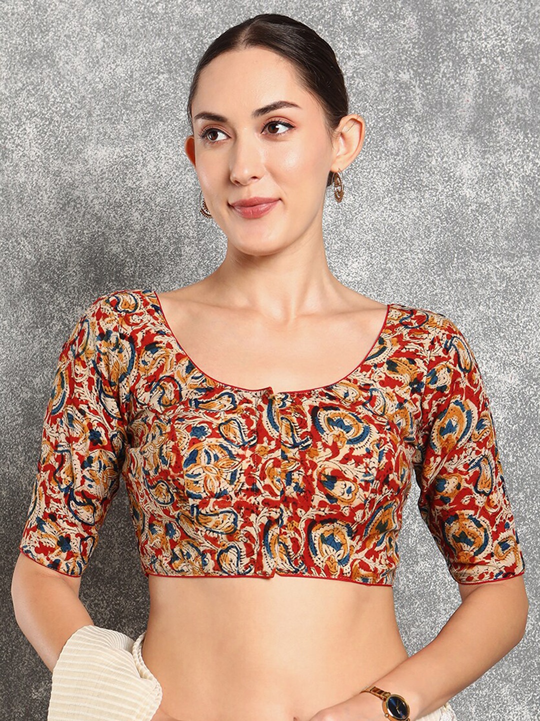

SALWAR STUDIO Kalamkari Printed Cotton Saree Blouse, Red