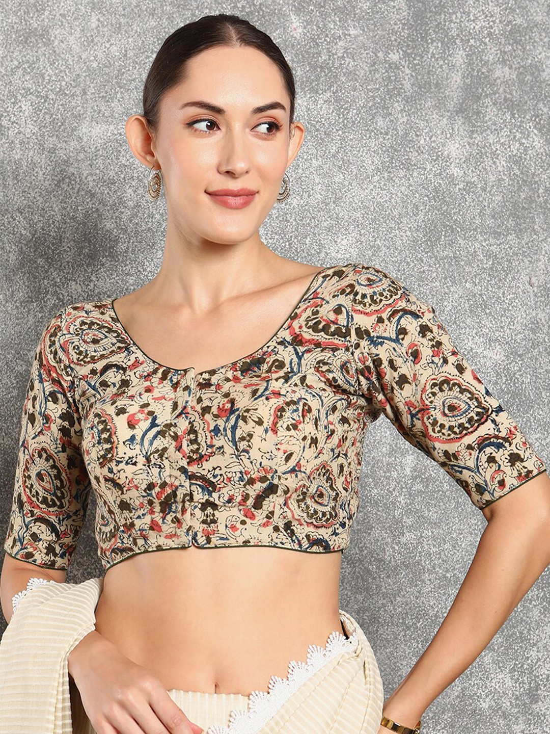 

SALWAR STUDIO Kalamkari Printed Cotton Saree Blouse, Cream