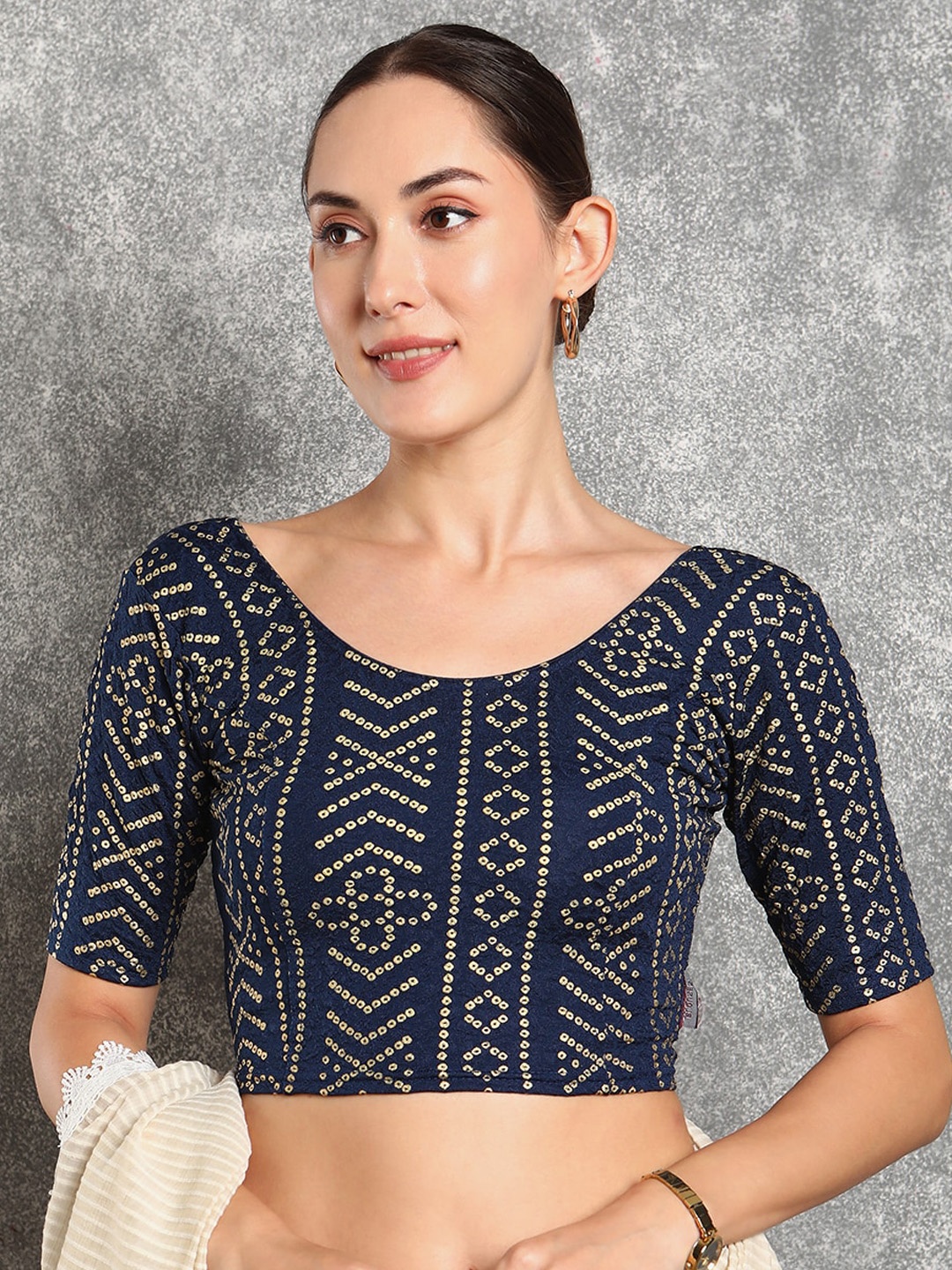 

SALWAR STUDIO Bandhani Printed Cotton Saree Blouse, Navy blue