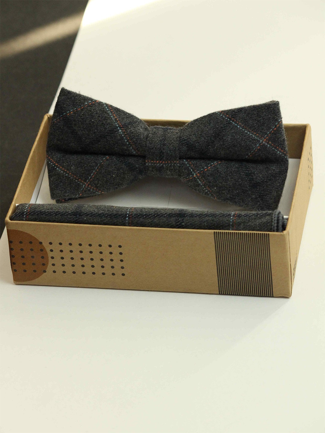 

Tossido Men Checked Cotton Bowtie & Pocket Square Accessory Gift Set, Grey