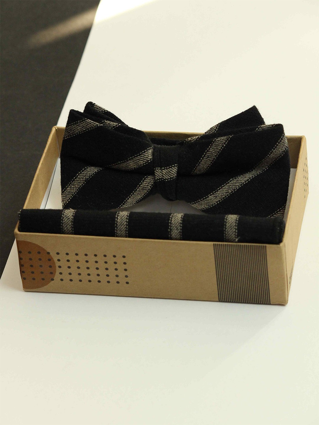 

Tossido Men Striped Cotton Bowtie & Pocket Square Set, Black