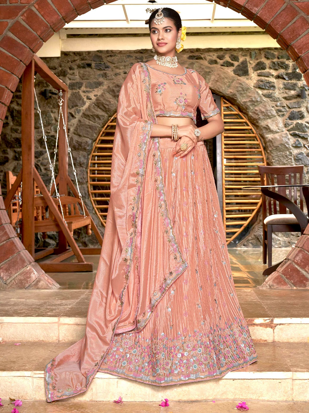

Panzora Embroidered Sequinned Semi-Stitched Lehenga & Blouse With Dupatta, Peach