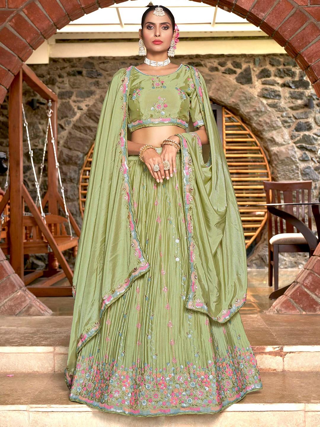 

Panzora Embroidered Sequinned Semi-Stitched Lehenga & Blouse With Dupatta, Green
