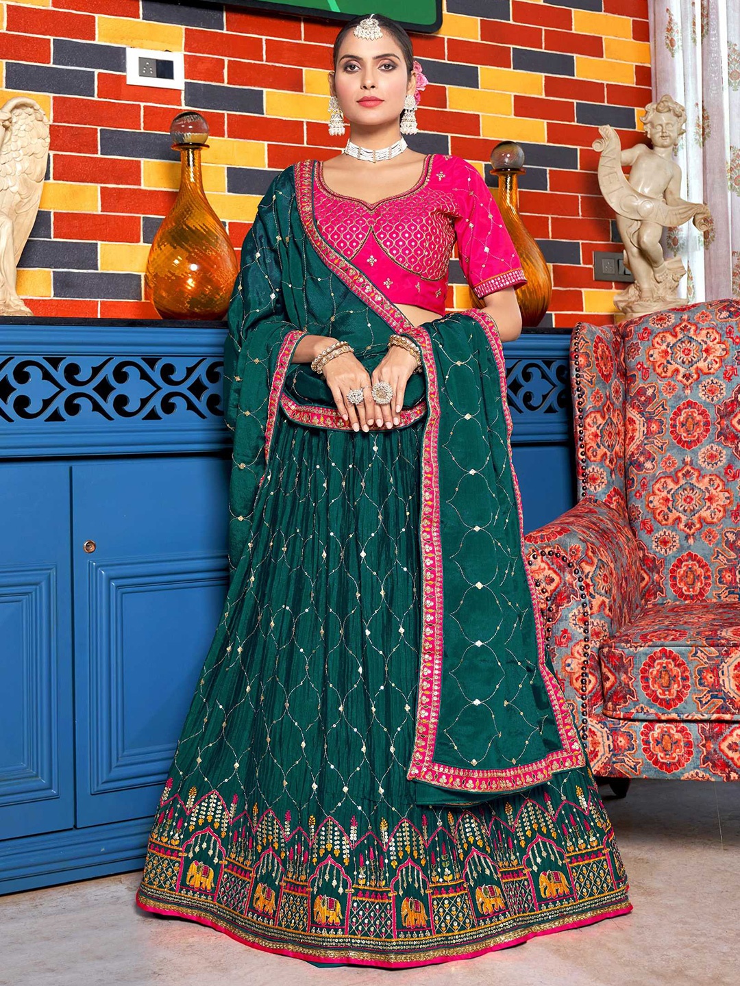 

Panzora Embroidered Sequinned Semi-Stitched Lehenga & Blouse With Dupatta, Teal