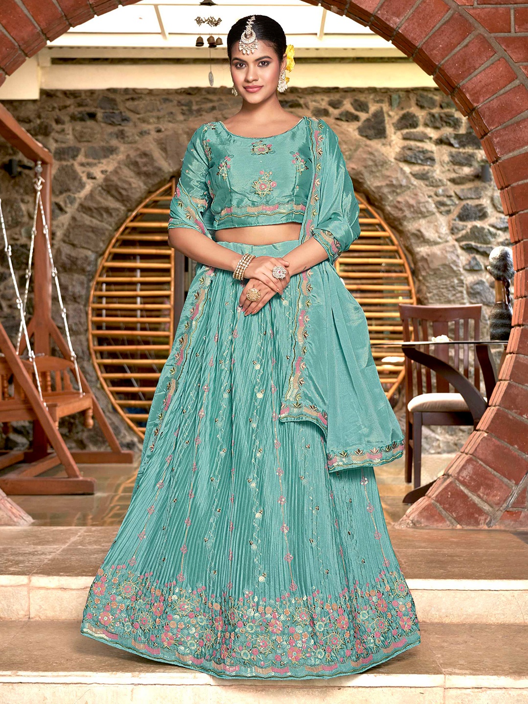 

Panzora Embroidered Sequinned Semi-Stitched Lehenga & Blouse With Dupatta, Blue