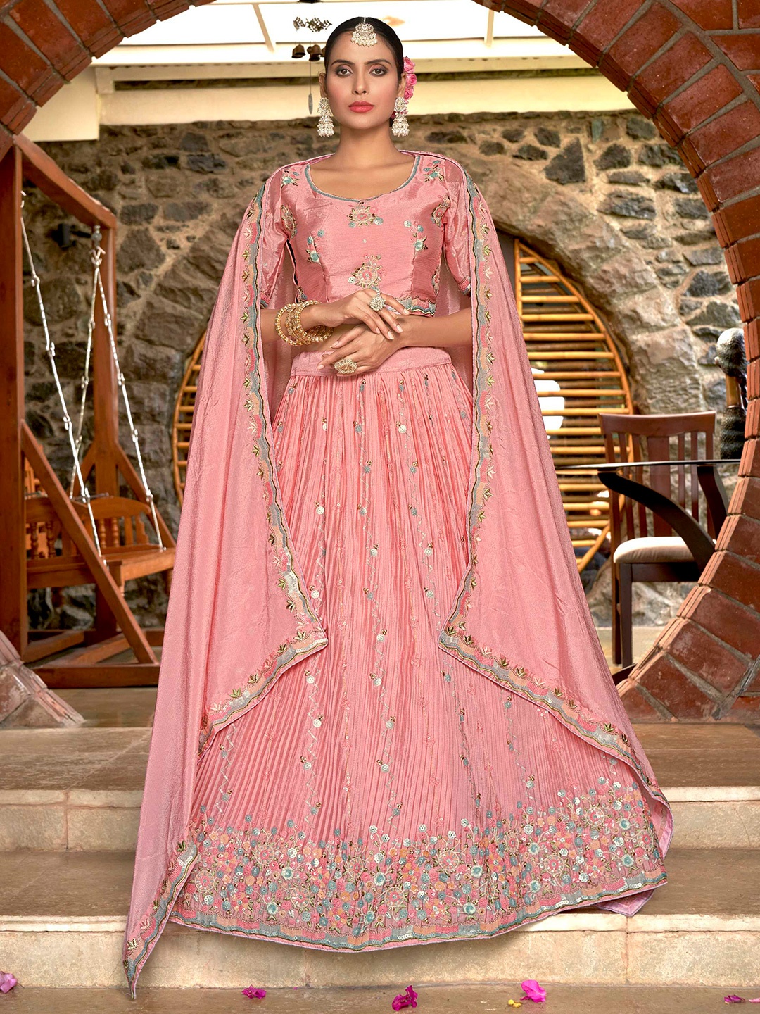 

Panzora Embroidered Sequinned Semi-Stitched Lehenga & Blouse With Dupatta, Pink