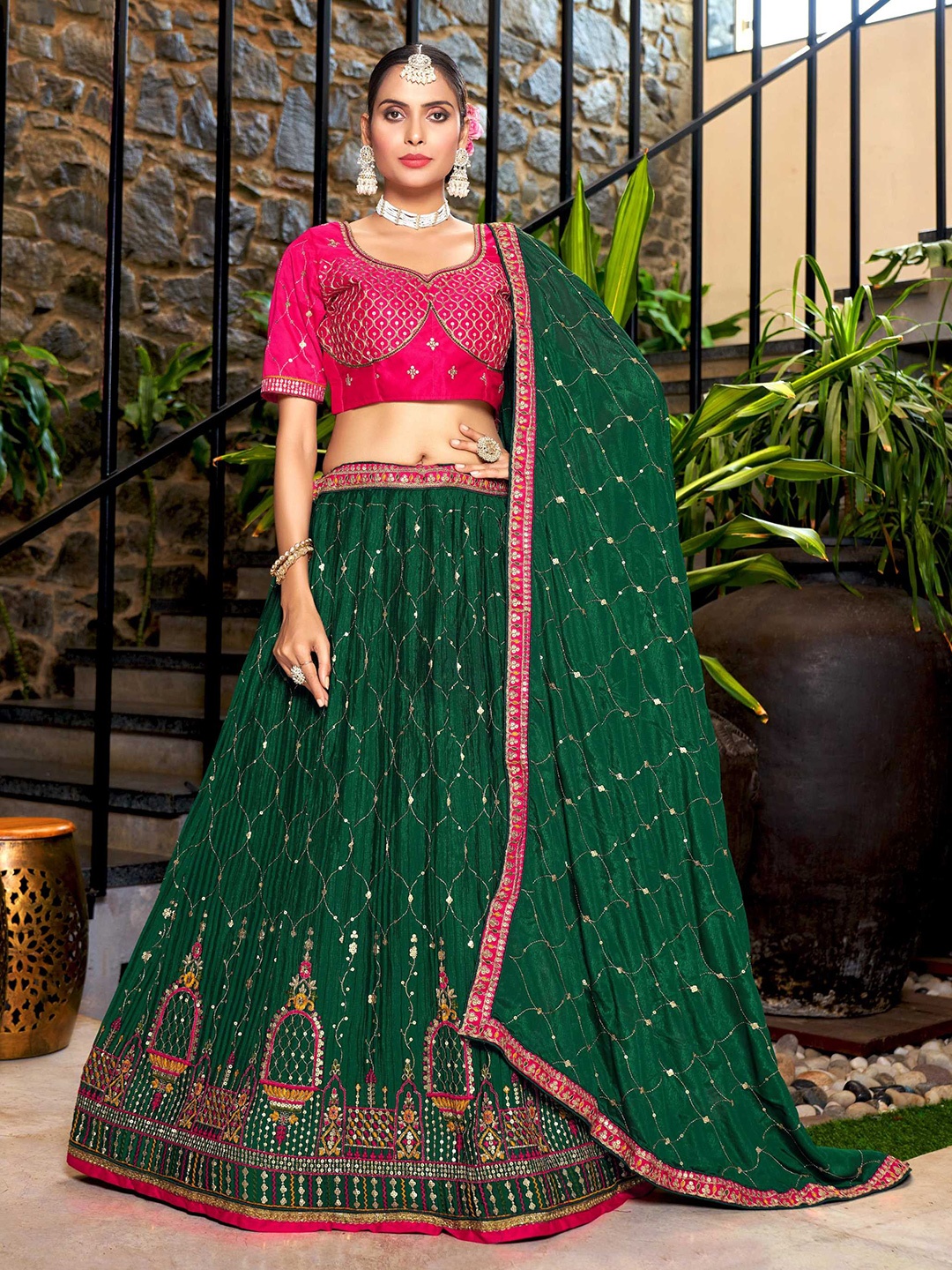

Panzora Embroidered Sequinned Semi-Stitched Lehenga & Blouse With Dupatta, Green