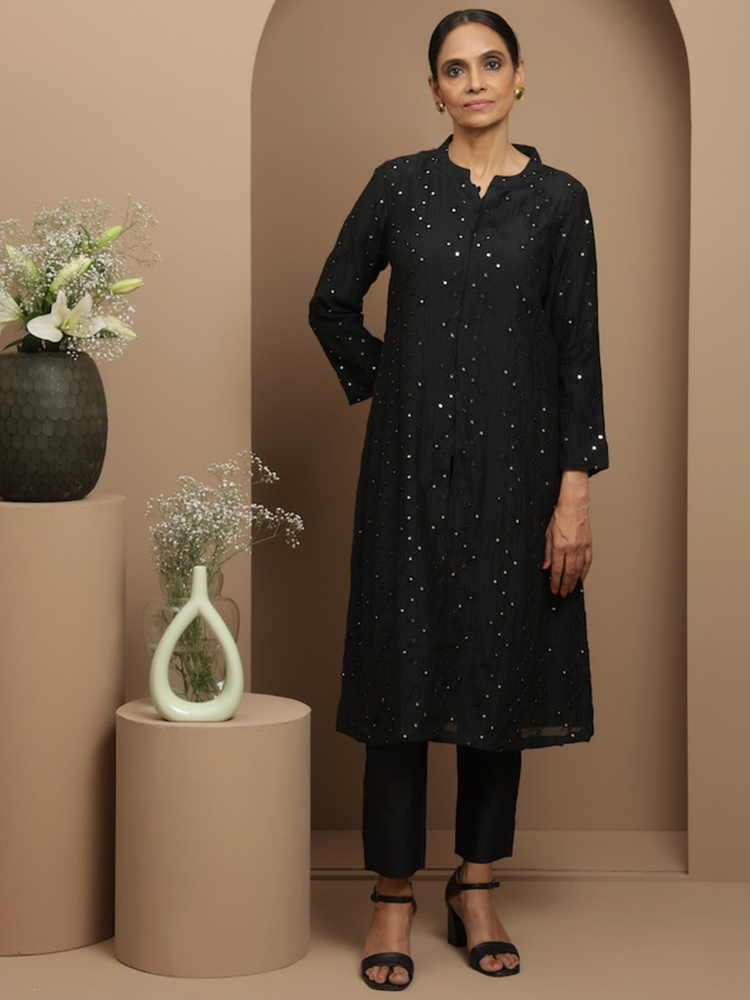 SMRITI GUPTA Embellished Mirror Work Chanderi Silk A- Line Kurta, Black