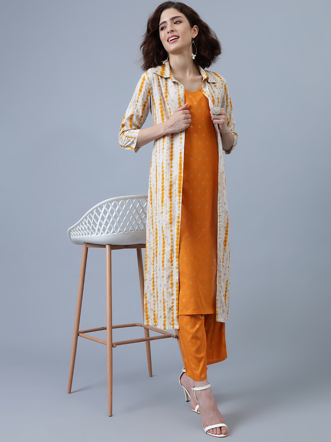 

Khushal K Ethnic Motifs Printed Straight Kurta & Trousers With Jacket, Yellow