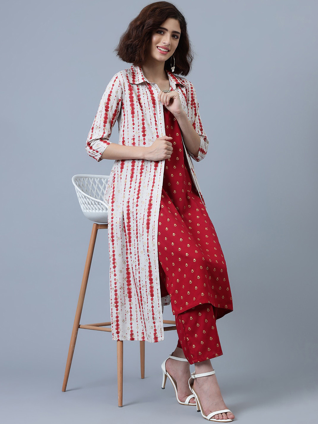 

Khushal K Ethnic Motifs Printed Straight Kurta & Trousers With Jacket, Red