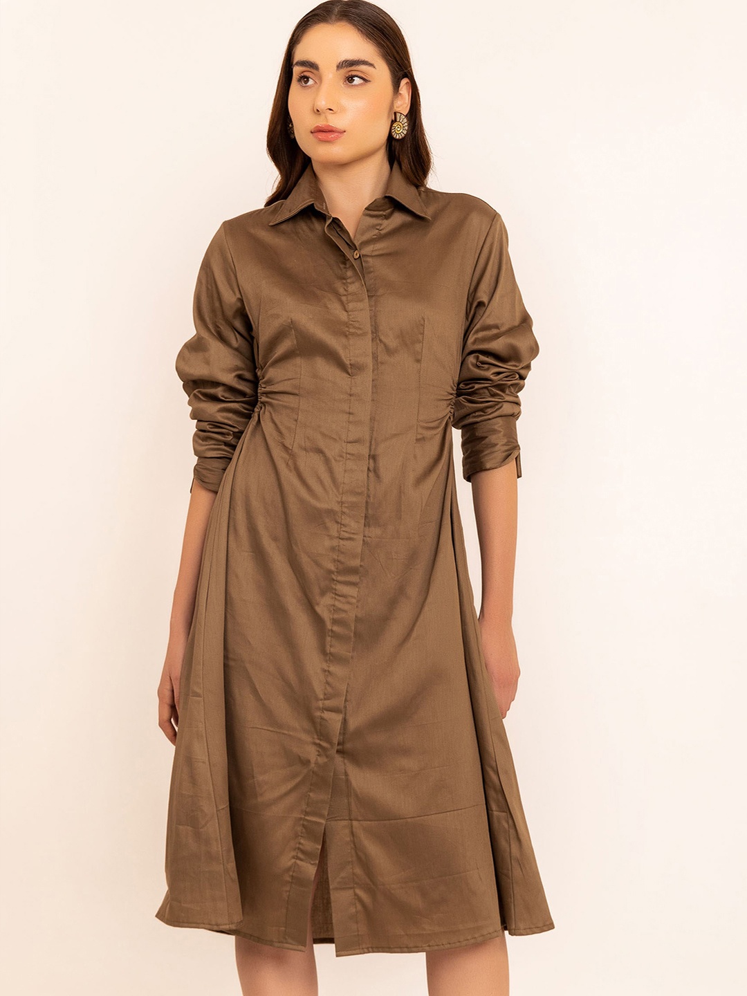 

KAORI BY SHREYA AGARWAL Shirt Collar Waist Cuts Shirt Dress, Brown