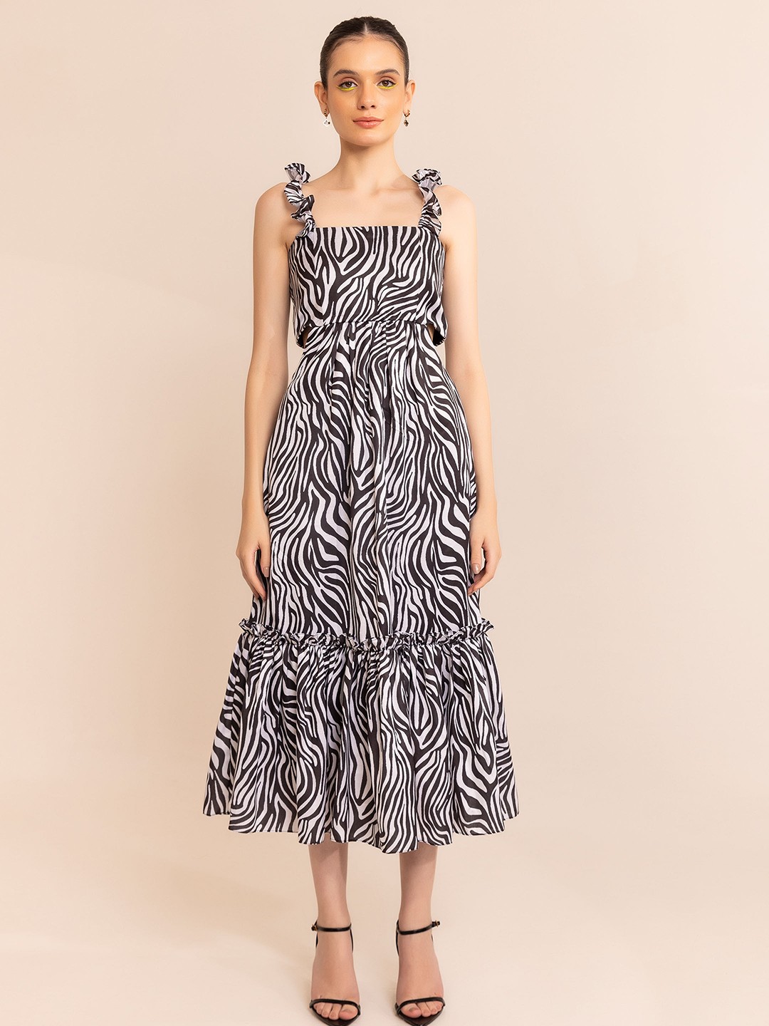 

KAORI BY SHREYA AGARWAL Animal Printed Satin Fit & Flare Midi Dress, Black