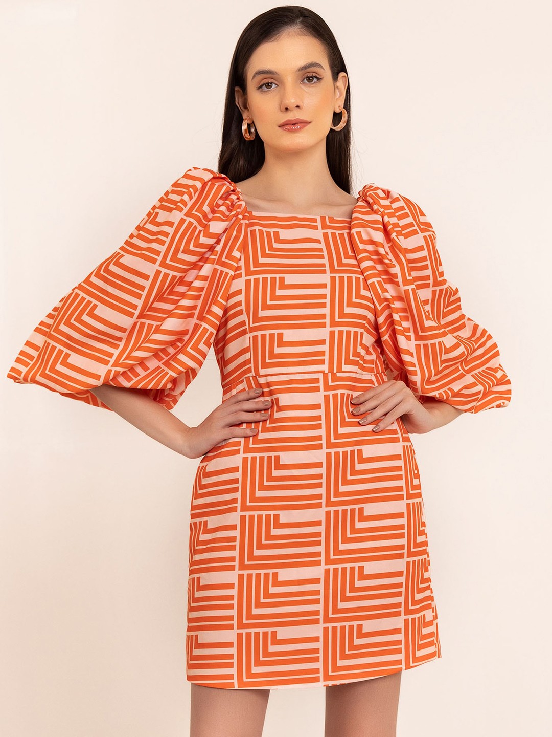 

KAORI BY SHREYA AGARWAL Geometric Printed Puff Sleeve A-Line Dress, Orange