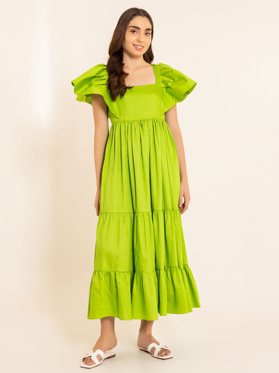 

KAORI BY SHREYA AGARWAL Flutter Sleeve A-Line Midi Dress, Green