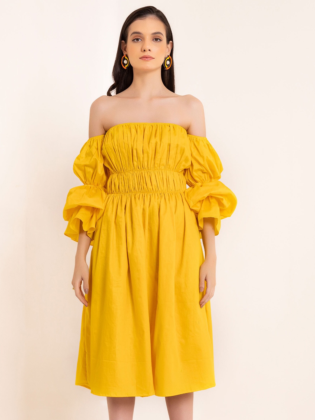 

KAORI BY SHREYA AGARWAL Off-Shoulder Puff Sleeves Smocked Fit & Flare Midi Dress, Yellow