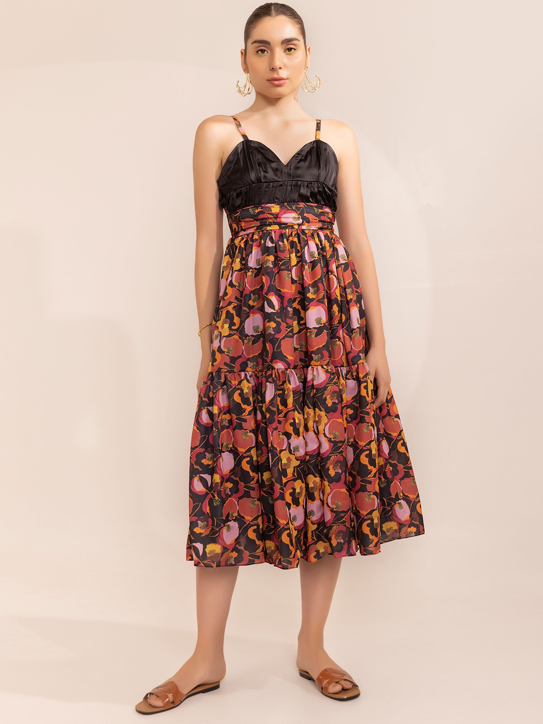 

KAORI BY SHREYA AGARWAL Floral Printed Satin Fit & Flare Midi Dress, Black