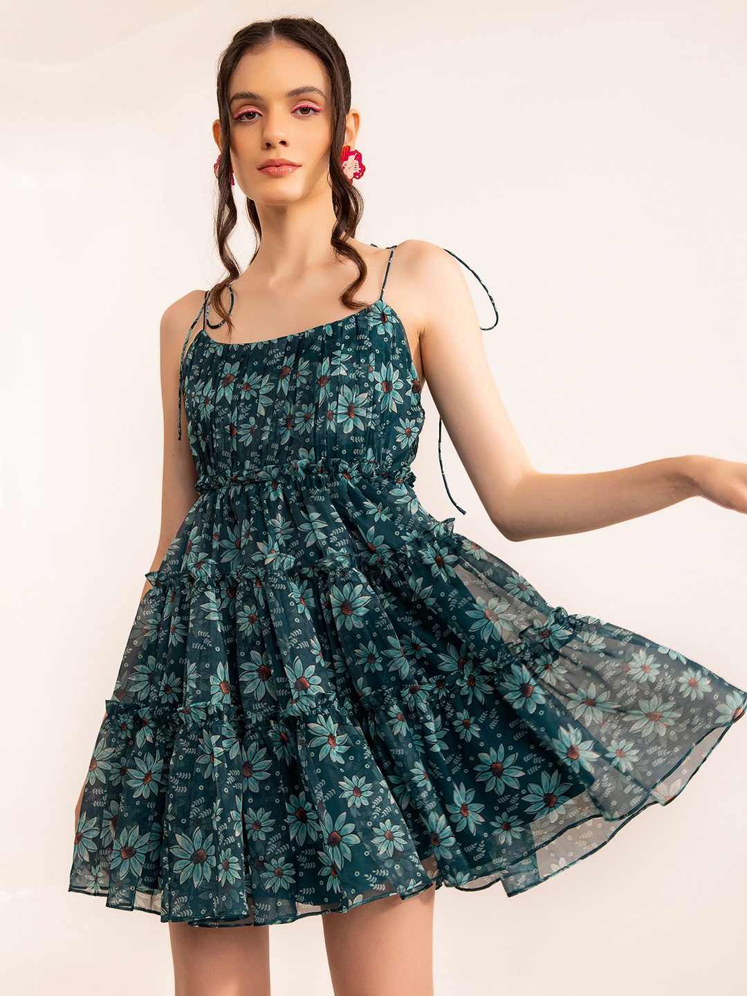 

KAORI BY SHREYA AGARWAL Floral Printed Shoulder Straps Tiered Fit & Flare Dress, Blue