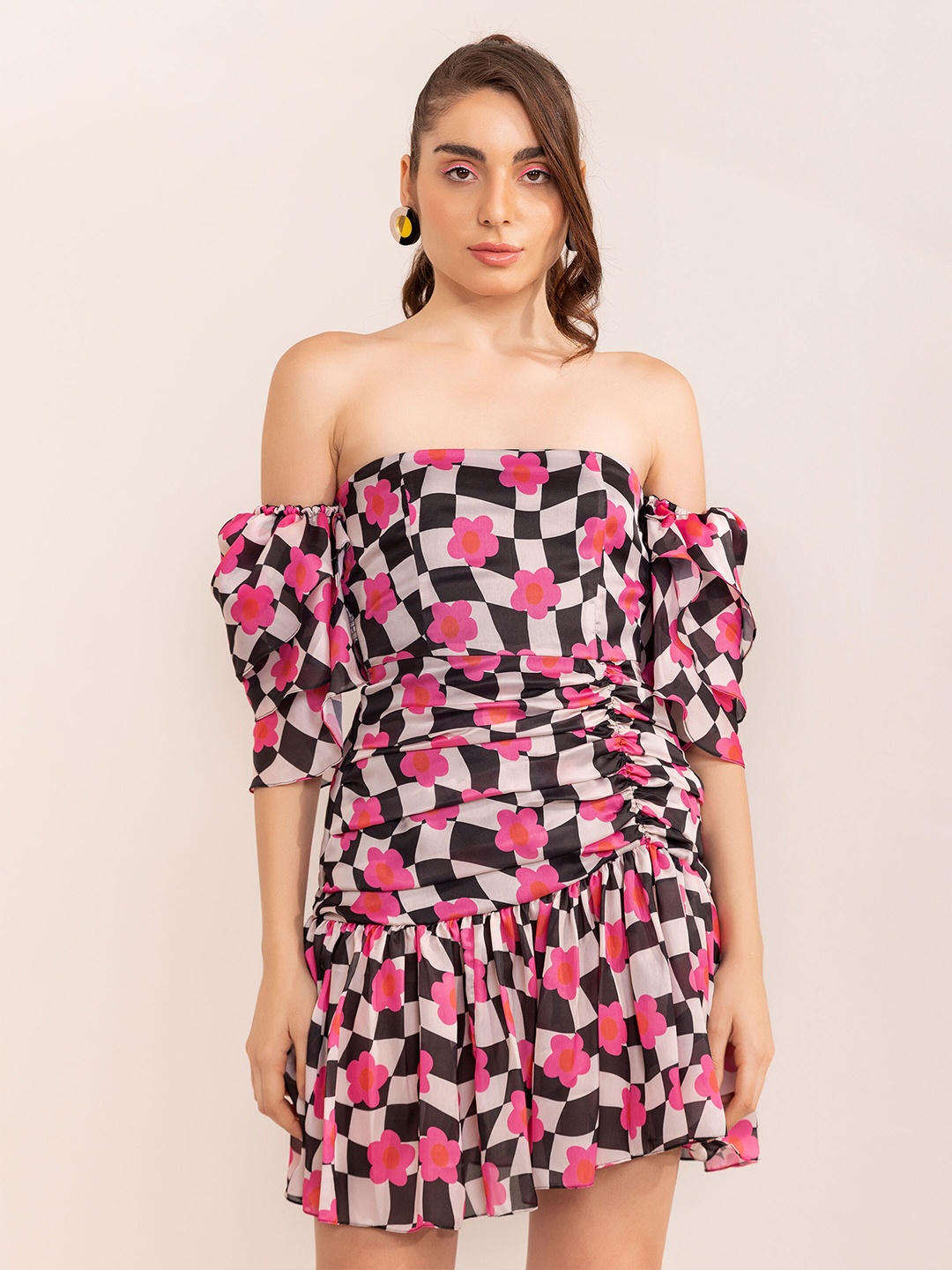 

KAORI BY SHREYA AGARWAL Floral Print Off-Shoulder Satin Fit & Flare Dress, Black