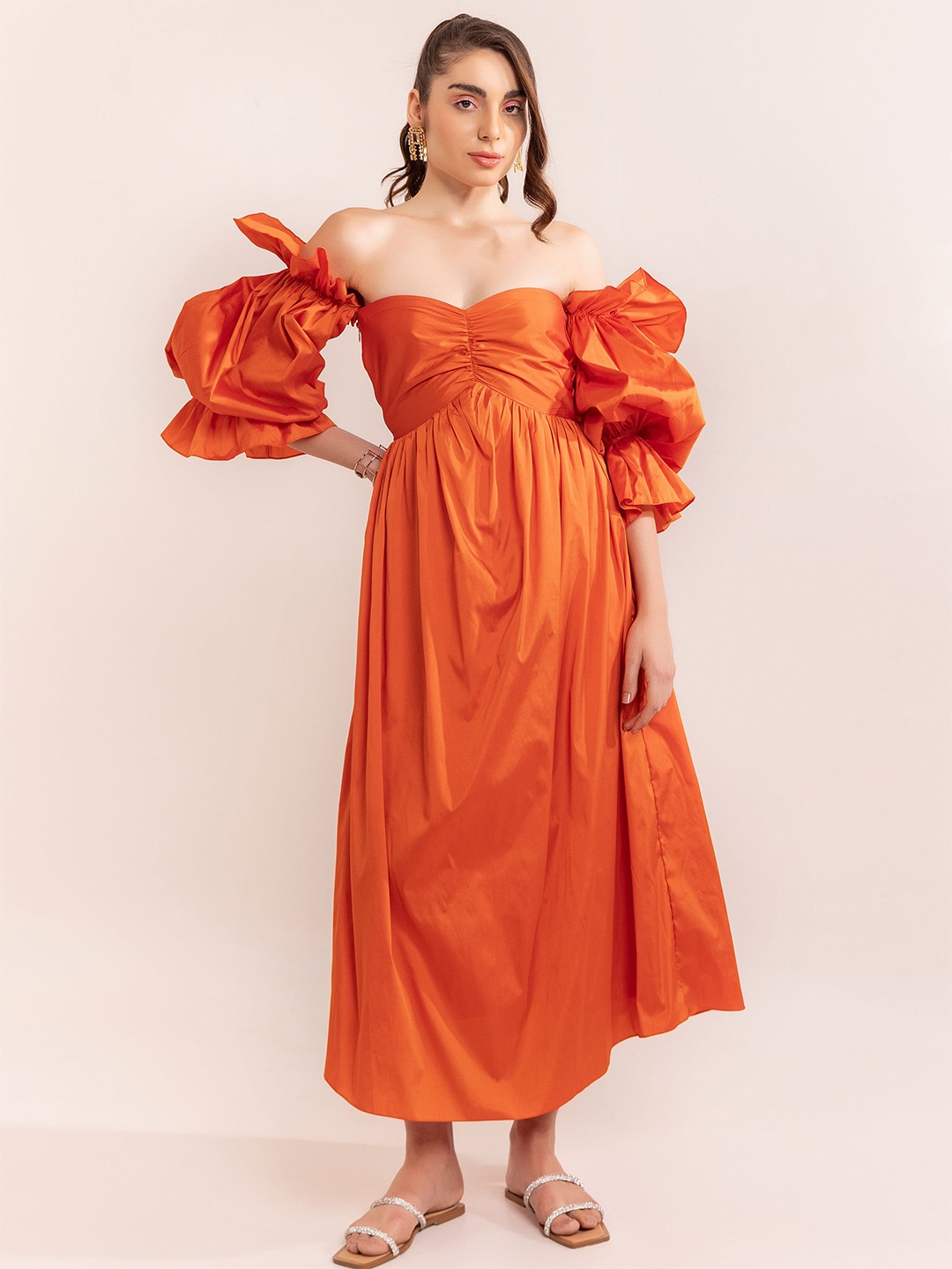 

KAORI BY SHREYA AGARWAL Off-Shoulder Puff Sleeves Fit & Flare Midi Dress, Orange