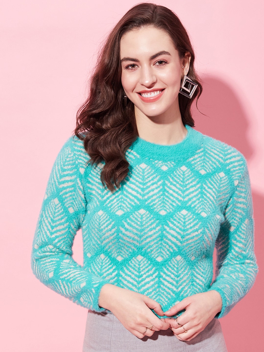 

Modeve Floral Self Design Ribbed Pullover, Turquoise blue