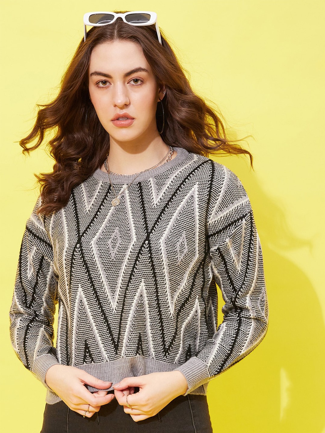 

Modeve Geometric Self Design Crop Acrylic Pullover Sweater, Grey