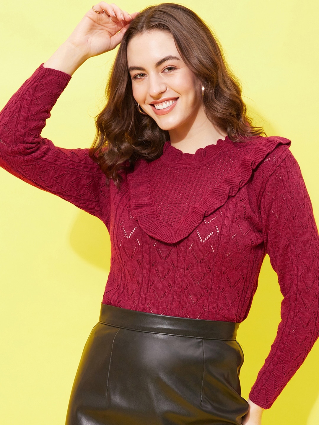 

Modeve Open Knit Self Design Ruffled Acrylic Pullover Sweater, Maroon