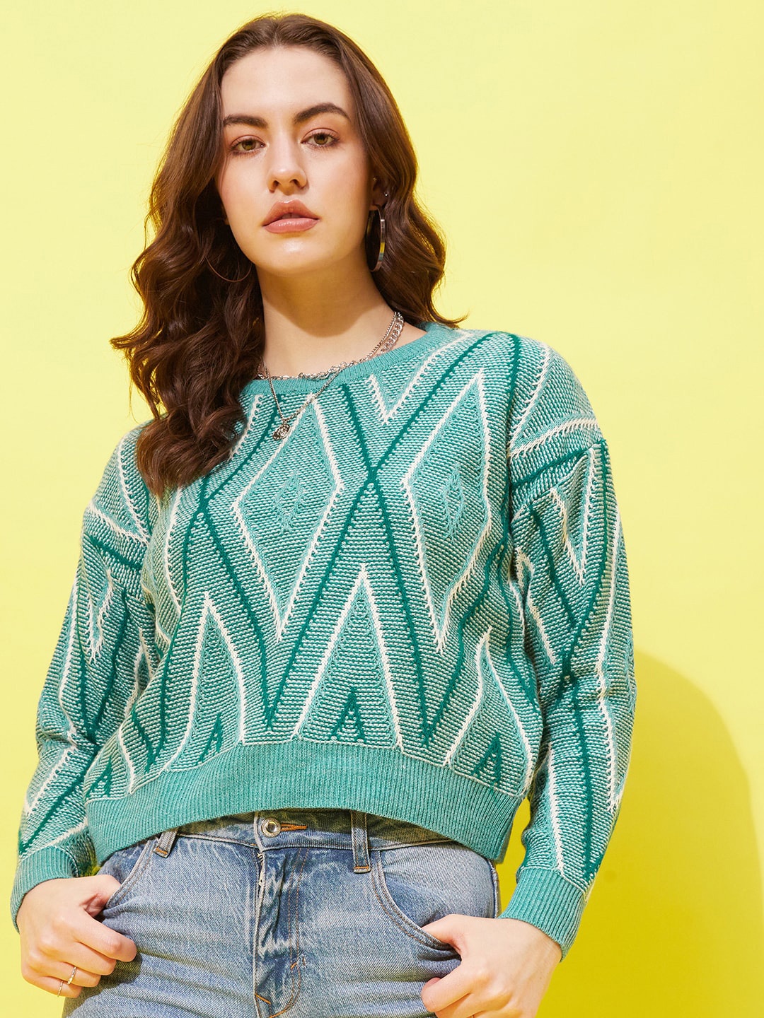 

Modeve Geometric Self Design Crop Pullover Sweaters, Teal
