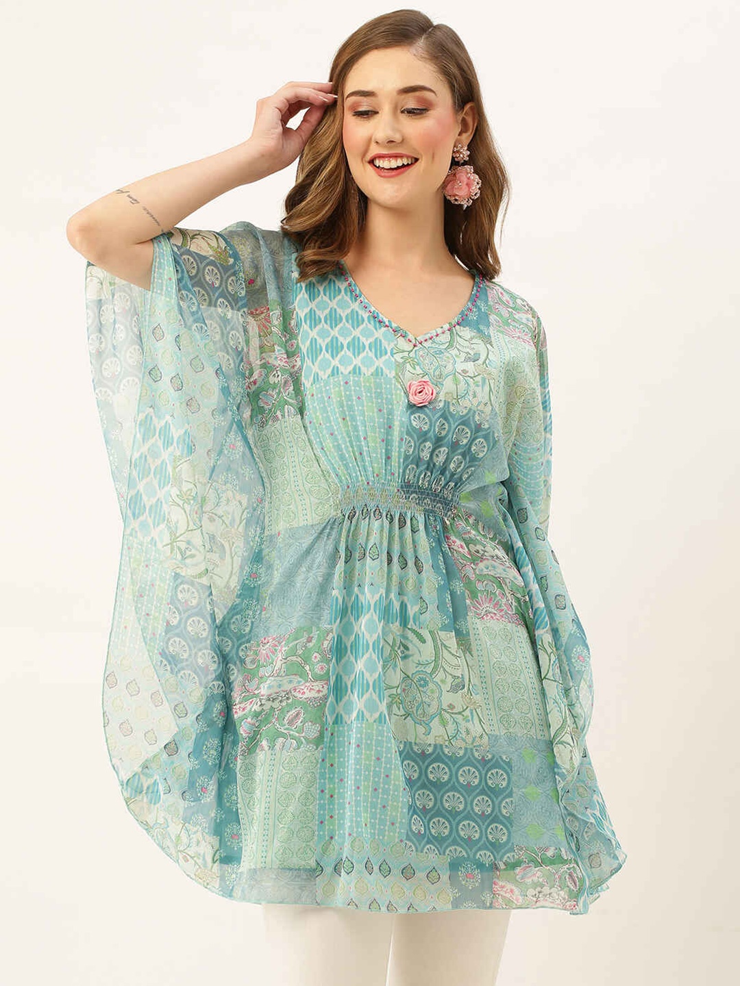 

ZOLA Ethnic Printed V-Neck Gather Kaftan Tunic, Blue