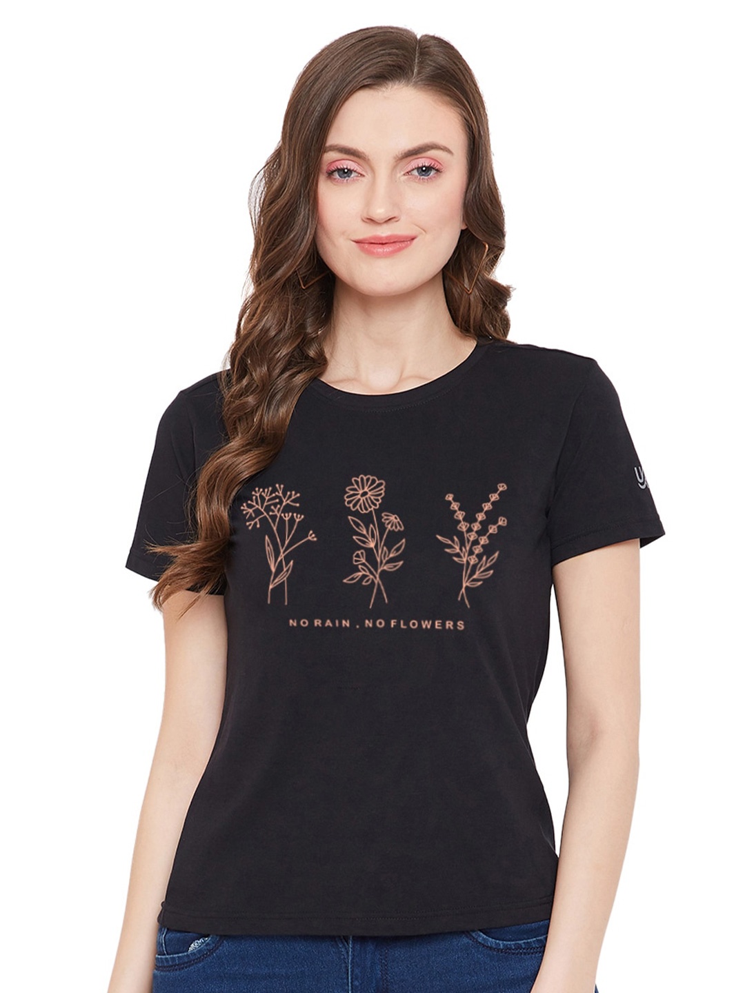 

URKNIT Floral Printed Cool Max Pure Cotton T-Shirt, Black