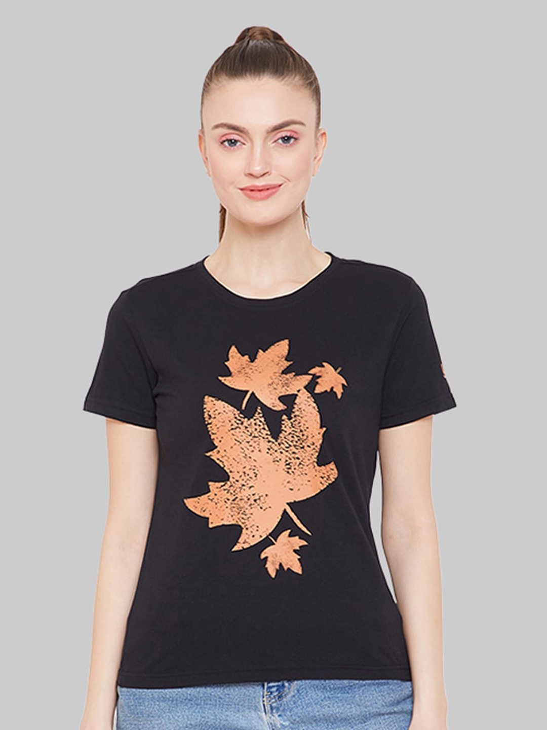 

URKNIT Floral Printed Cool Max Pure Cotton T-shirt, Black
