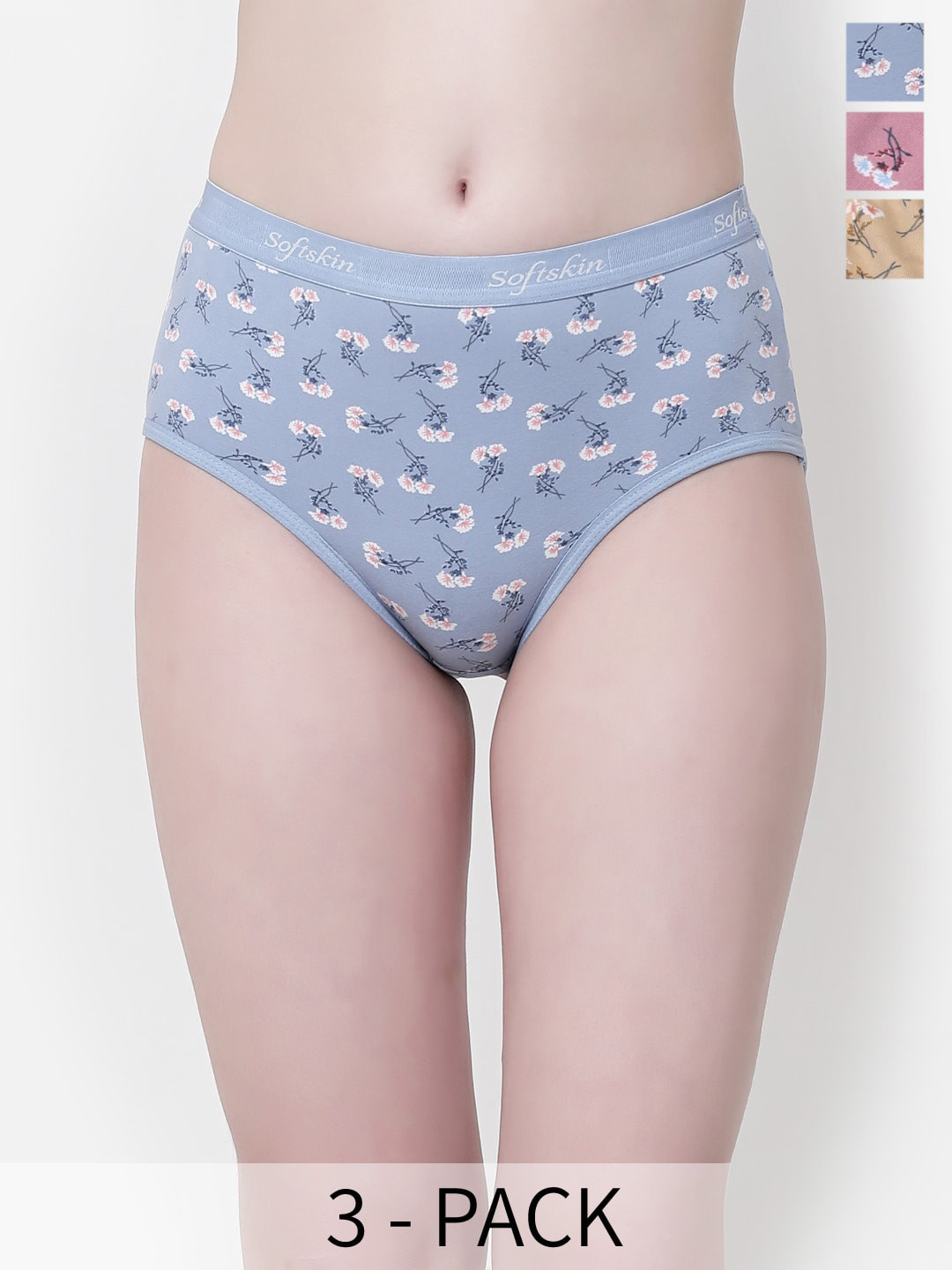 

Softskin Pack Of 3 Floral Printed Mid-Rise Seamless Bikini Briefs Kavita_Panties_S_3, Blue