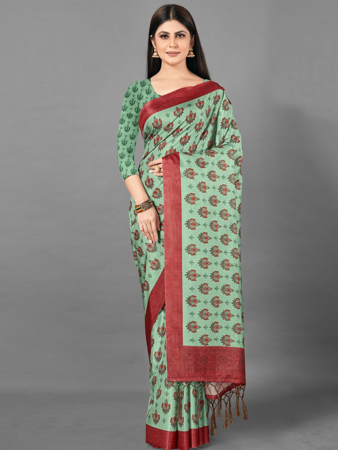 

Anouk Rustic Green & Maroon Ethnic Motifs Printed Bagh Saree