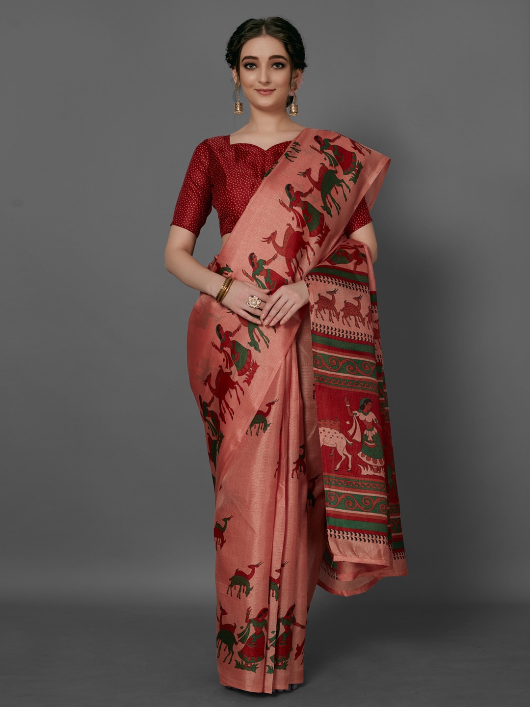 

Anouk Peach-Coloured & Maroon Ethnic Motifs Bhagalpuri Saree