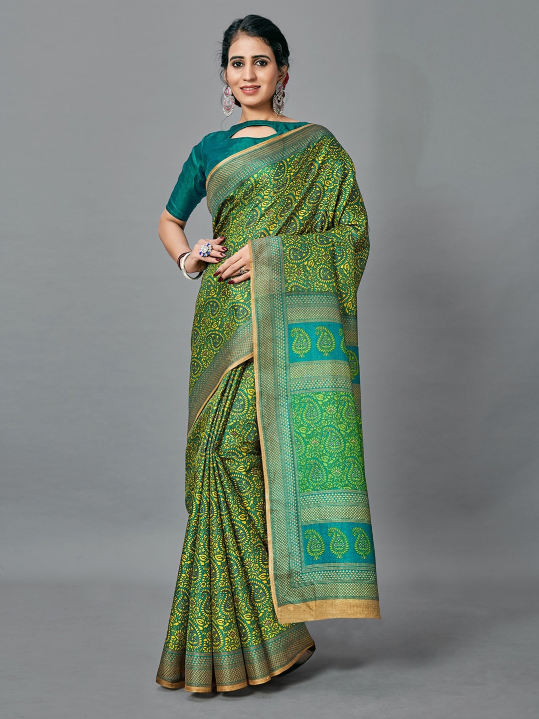 

Anouk Ethnic Motifs Block Print Saree, Green