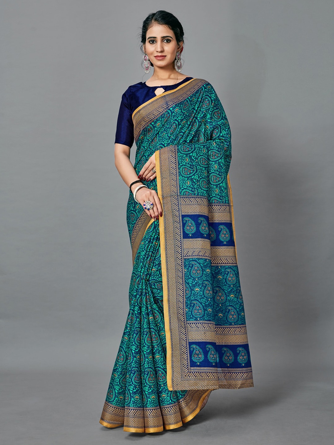 

Anouk Teal & Gold-Toned Ethnic Motifs Printed Bhagalpuri Saree